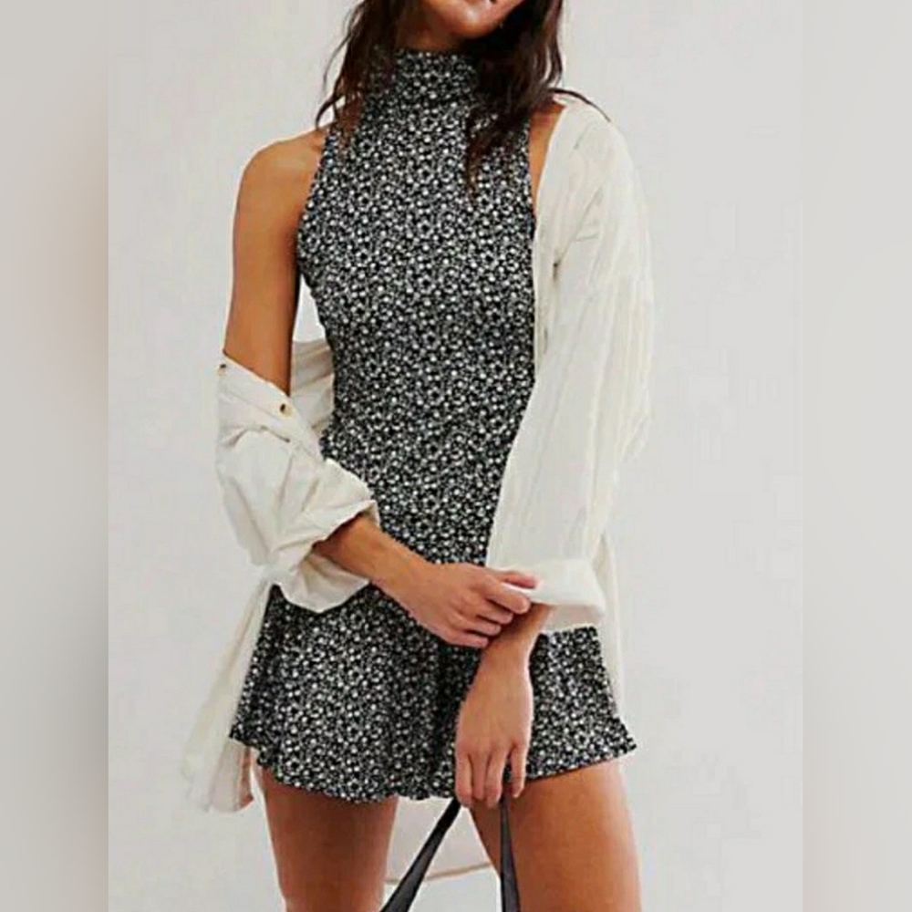 Free People - Check It Mini Dress. Black & White Floral Print With Open Back 